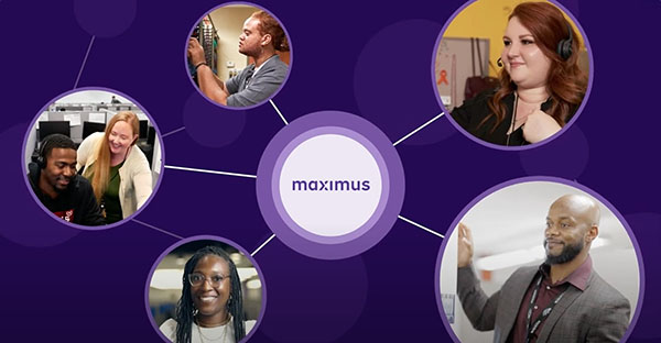 Image still from the video with Maximus logo connecting to images of people